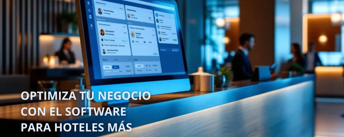 Pantalla con Software para Hoteles de Soinfo Colombia en un mostrador de recepción moderna.