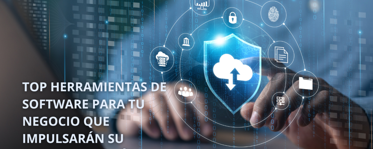 Blue tech hero with a shield and cloud upload icon surrounded by circular network icons; overlaid Spanish headline promoting top software tools to boost fast business growth, plus SOINFO logo.