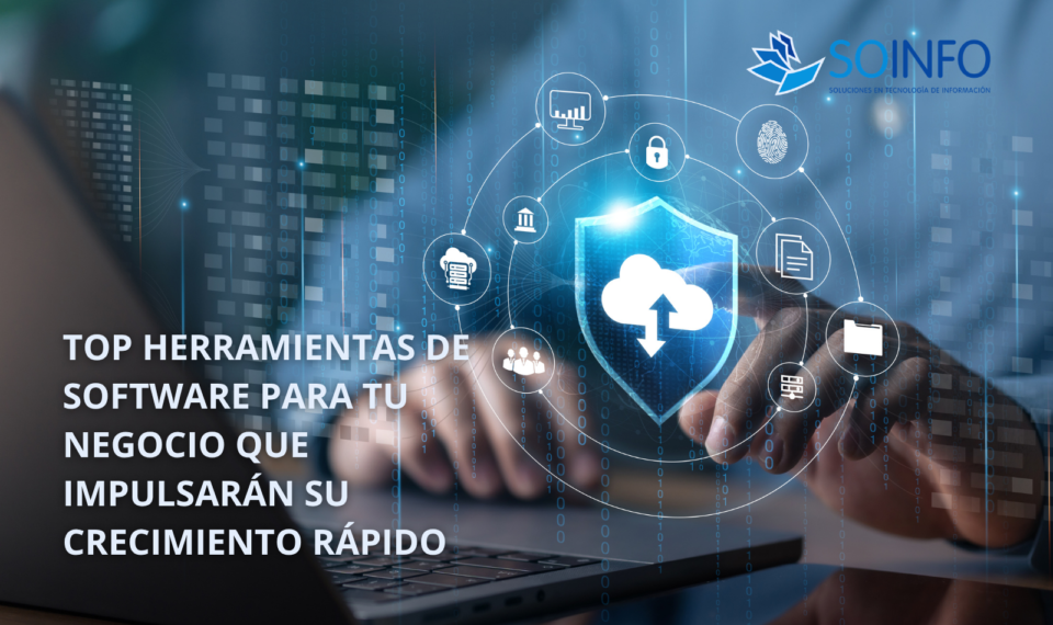 Blue tech hero with a shield and cloud upload icon surrounded by circular network icons; overlaid Spanish headline promoting top software tools to boost fast business growth, plus SOINFO logo.